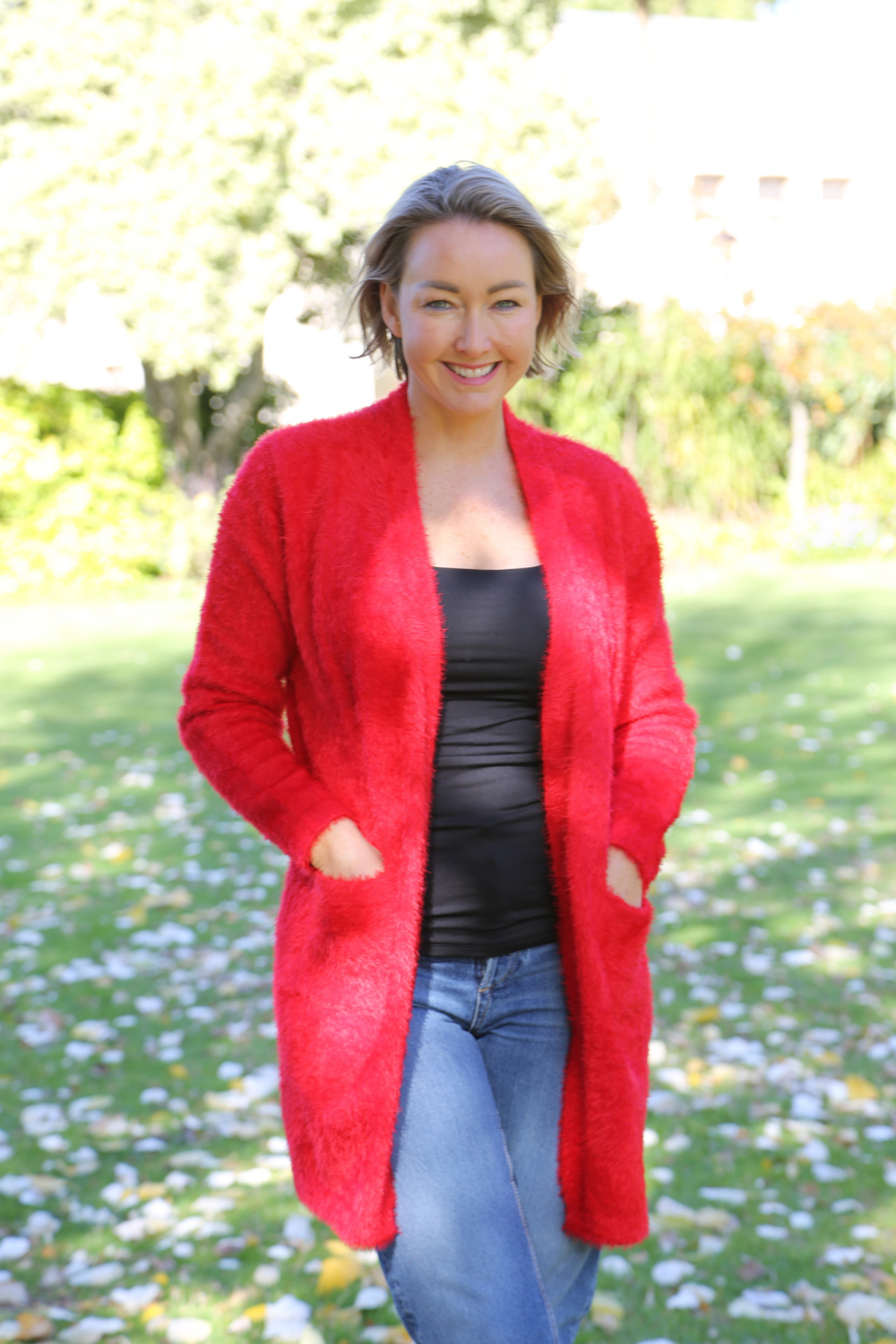AMARA Red Open Knit Fluffy Cardigan Warwick Jones
