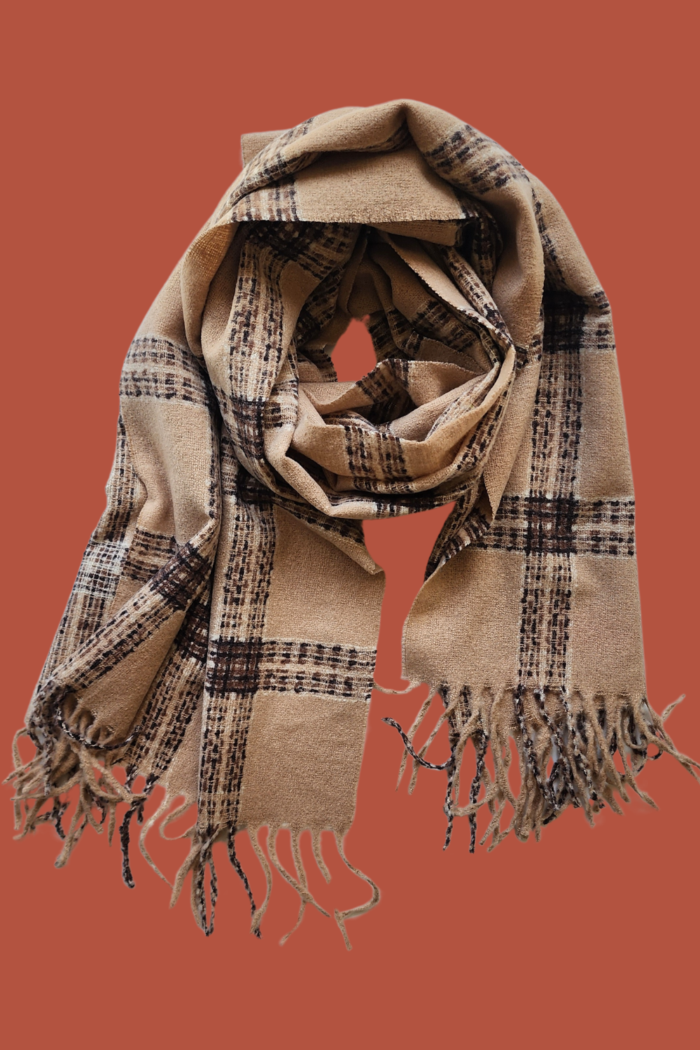 Wool and Cashmere Scarf in Camel Nova Check Warwick Jones